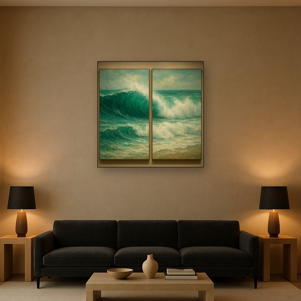 Emerald Swell Split-Panel Seascape No. 2 Oil Painting - Styled in Modern Living Room