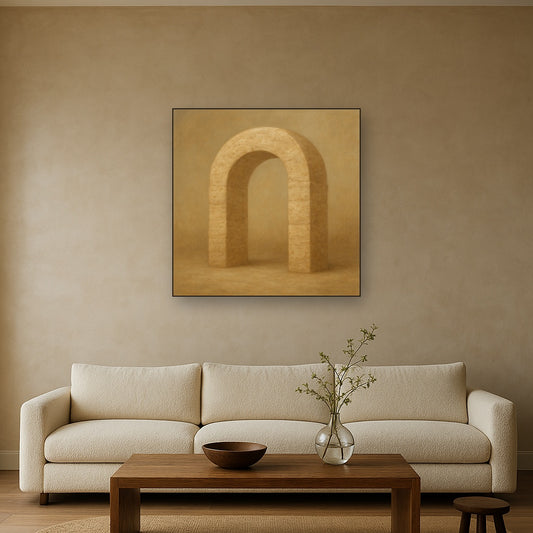 Travertine Stone Arch & Earth Tones No. 9 Oil Painting Staged Above Sectional Sofa in Living Room, Hand Painted Canvas Wall Art for Home Decor