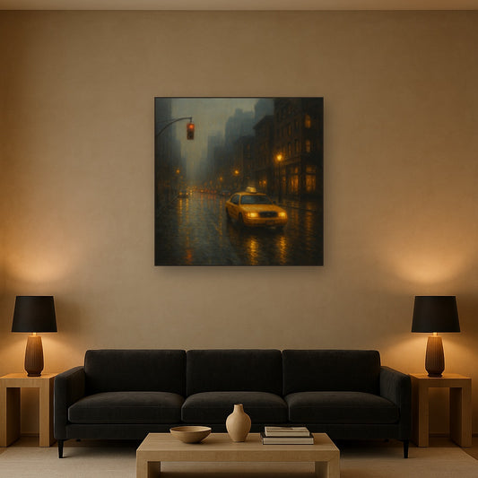 Rain-Drenched Manhattan Avenue Lights No. 23 Oil Painting Staged Above Sectional Sofa in Living Room, Hand Painted Canvas Wall Art for Home Decor