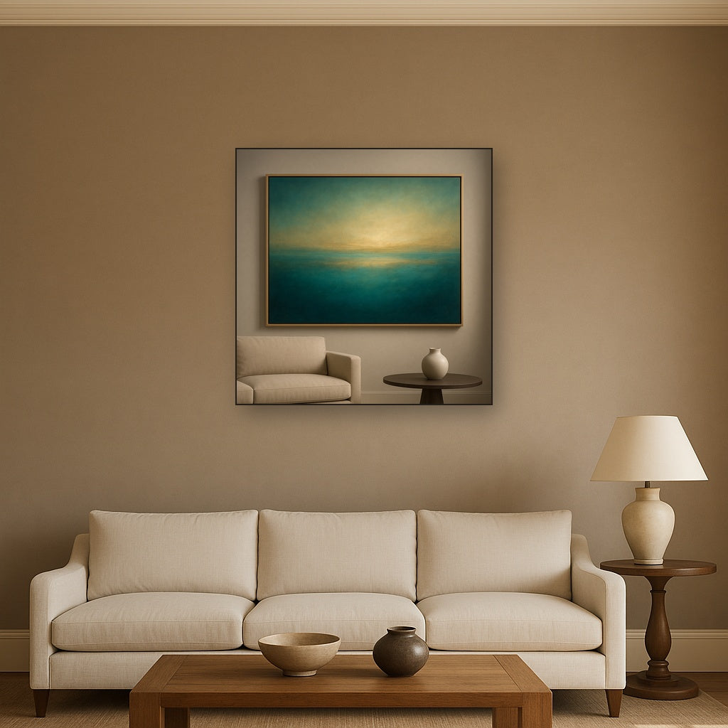 Peacock Teal & Champagne Gold Horizon No. 8 Oil Painting - View 2