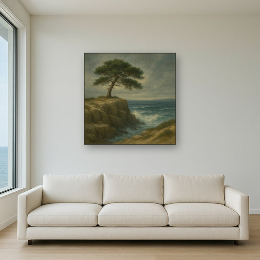 Wild Coastal Pine on Stormy Granite Cliff No. 17 Oil Painting Staged Above Sectional Sofa in Living Room, Hand Painted Canvas Wall Art for Home Decor