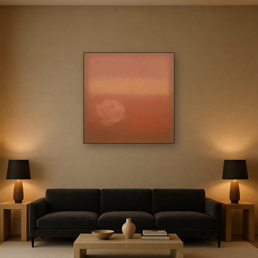 Blush Rose & Dusky Terracotta Ambient Glow No. 8 Oil Painting Staged Above Sectional Sofa in Living Room, Hand Painted Canvas Wall Art for Home Decor