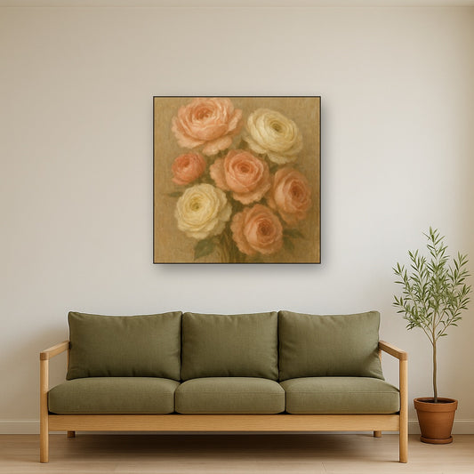 Velvet Rose & Ranunculus Floral Oil Painting - Styled in Modern Living Room