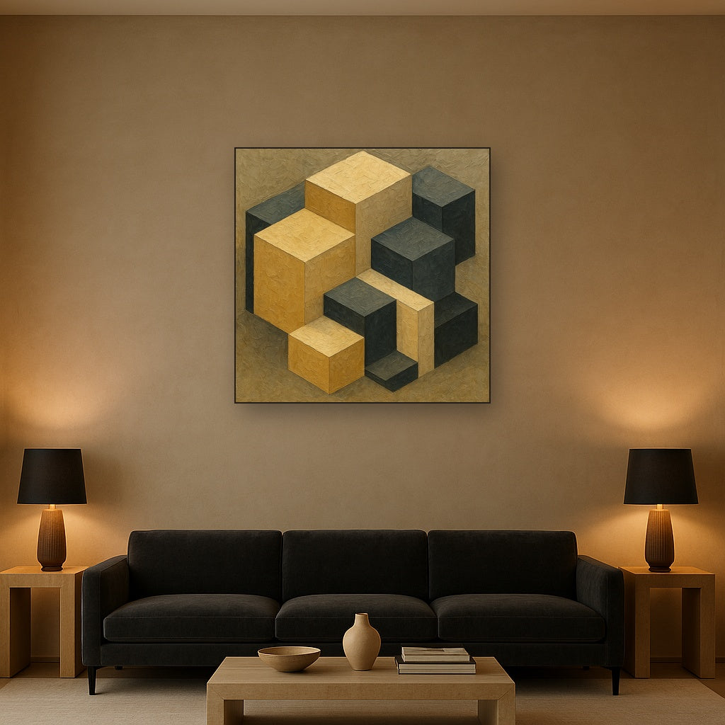 Isometric Modernist Cube Abstraction No. 7 Oil Painting - Styled in Modern Living Room