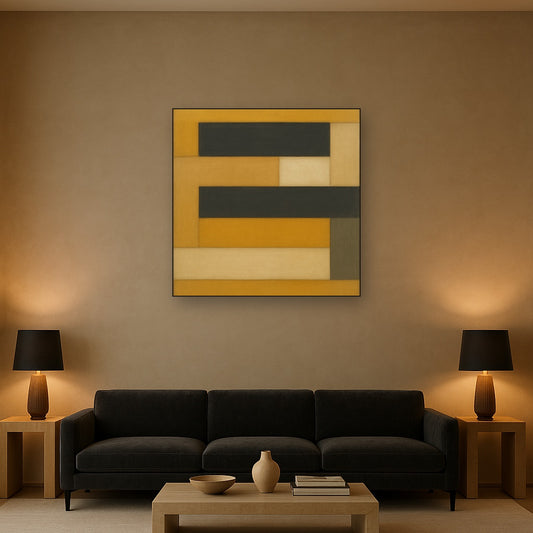 Stacked Horizon Blocks in Mustard & Charcoal No. 23 Oil Painting Staged Above Sectional Sofa in Living Room, Hand Painted Canvas Wall Art for Home Decor