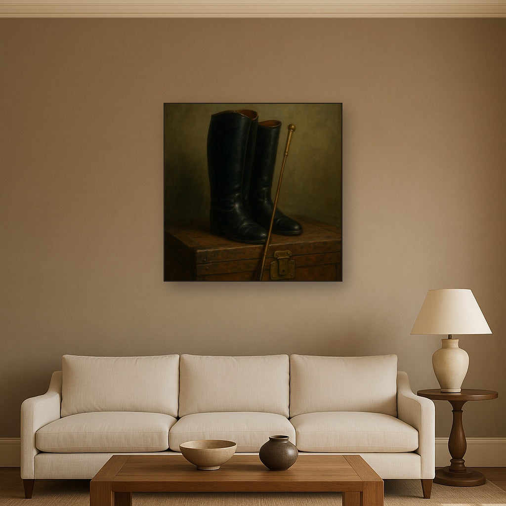 Vintage Riding Boots & Brass Crop on Trunk No. 11 Oil Painting - View 2
