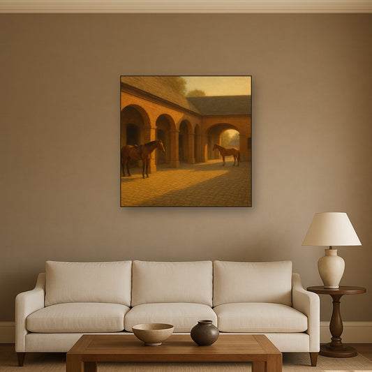 Equestrian Stable Courtyard in Late Afternoon No. 17 Oil Painting Staged Above Sectional Sofa in Living Room, Hand Painted Canvas Wall Art for Home Decor