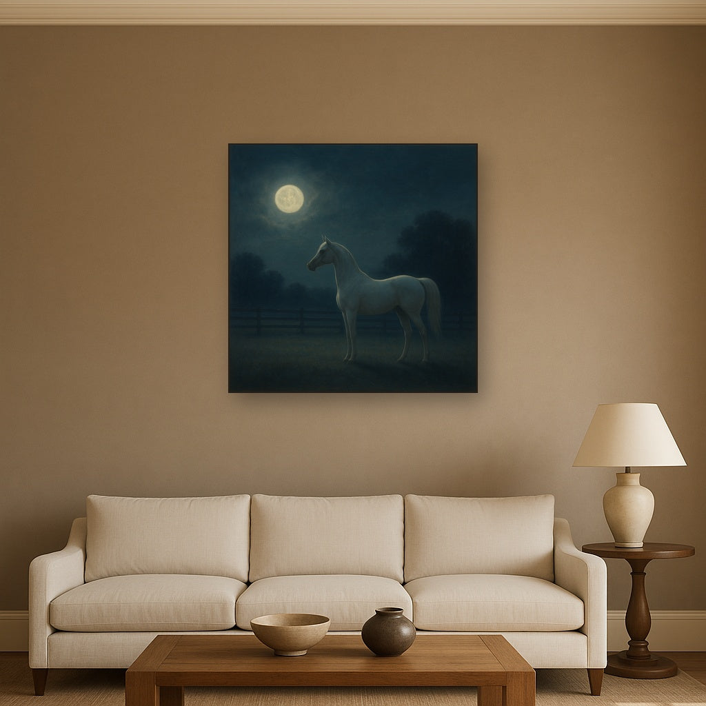 Moonlit Paddock with White Arabian Silhouette No. 7 Oil Painting - View 2