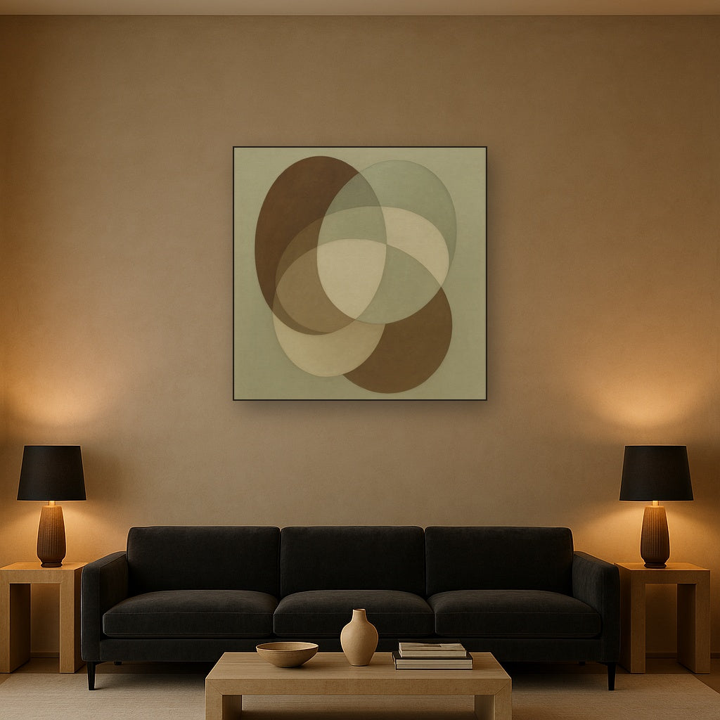 Floating Ellipse Harmony in Walnut & Pale Sage No. 4 Oil Painting Staged Above Sectional Sofa in Living Room, Hand Painted Canvas Wall Art for Home Decor