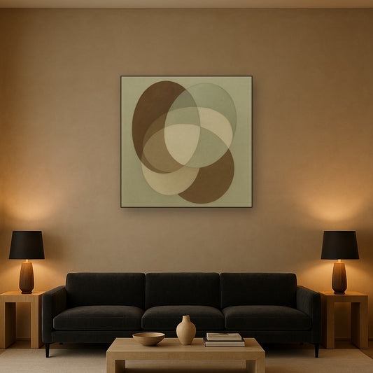 Floating Ellipse Harmony in Walnut & Pale Sage No. 4 Oil Painting Staged Above Sectional Sofa in Living Room, Hand Painted Canvas Wall Art for Home Decor