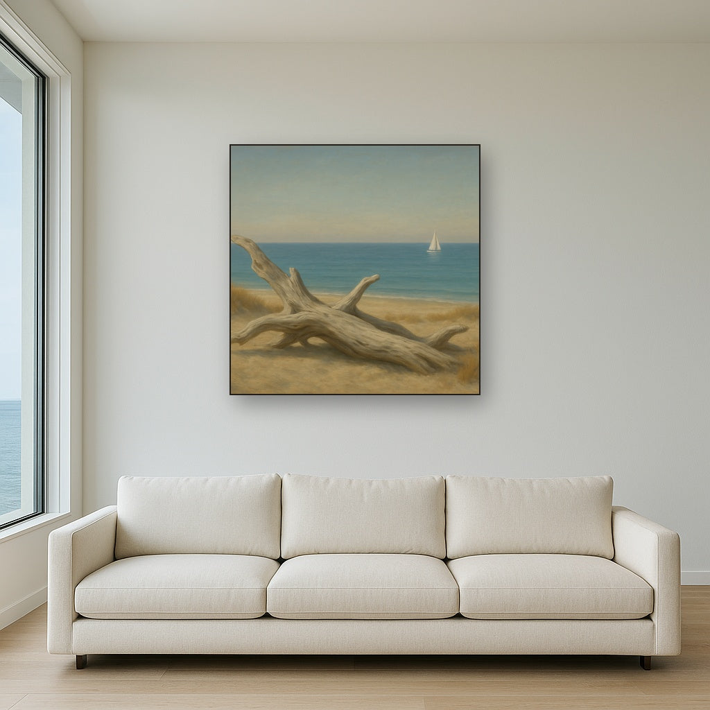 Sun-Bleached Driftwood & Distant Sailboat No. 11 Oil Painting - View 2