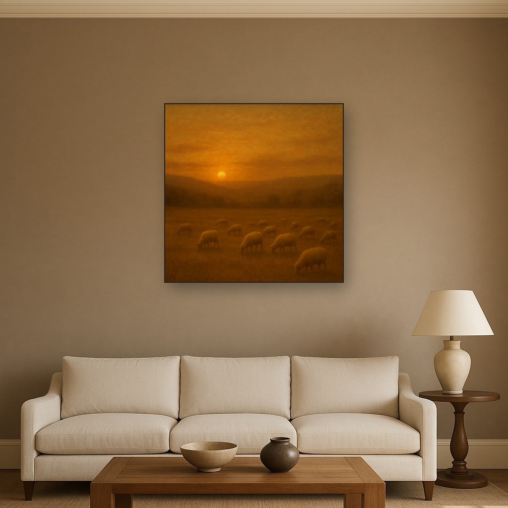 Sunset Grazing Flock in Golden Valley No. 6 Oil Painting - View 2