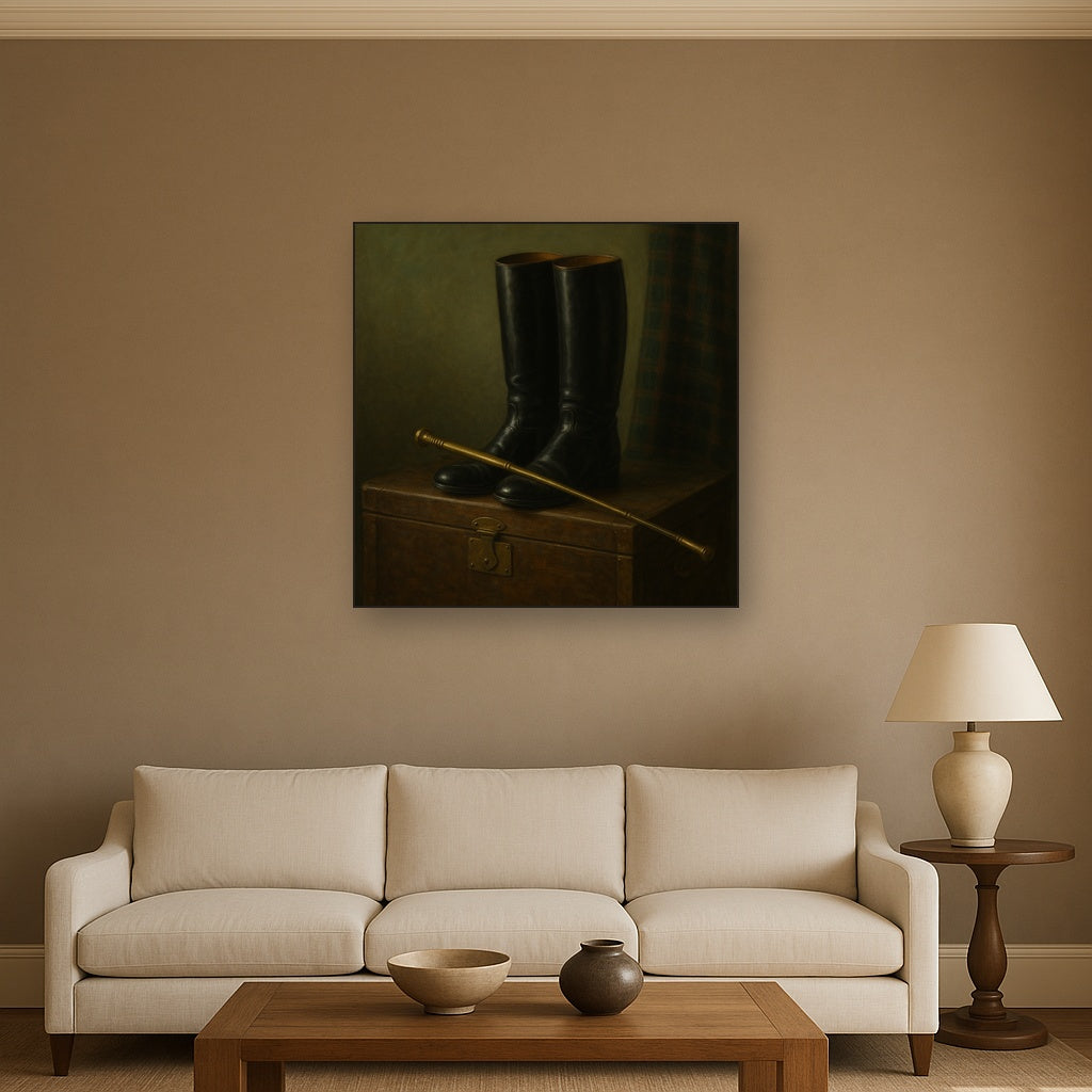 Vintage Riding Boots & Brass Crop on Trunk Oil Painting - View 2