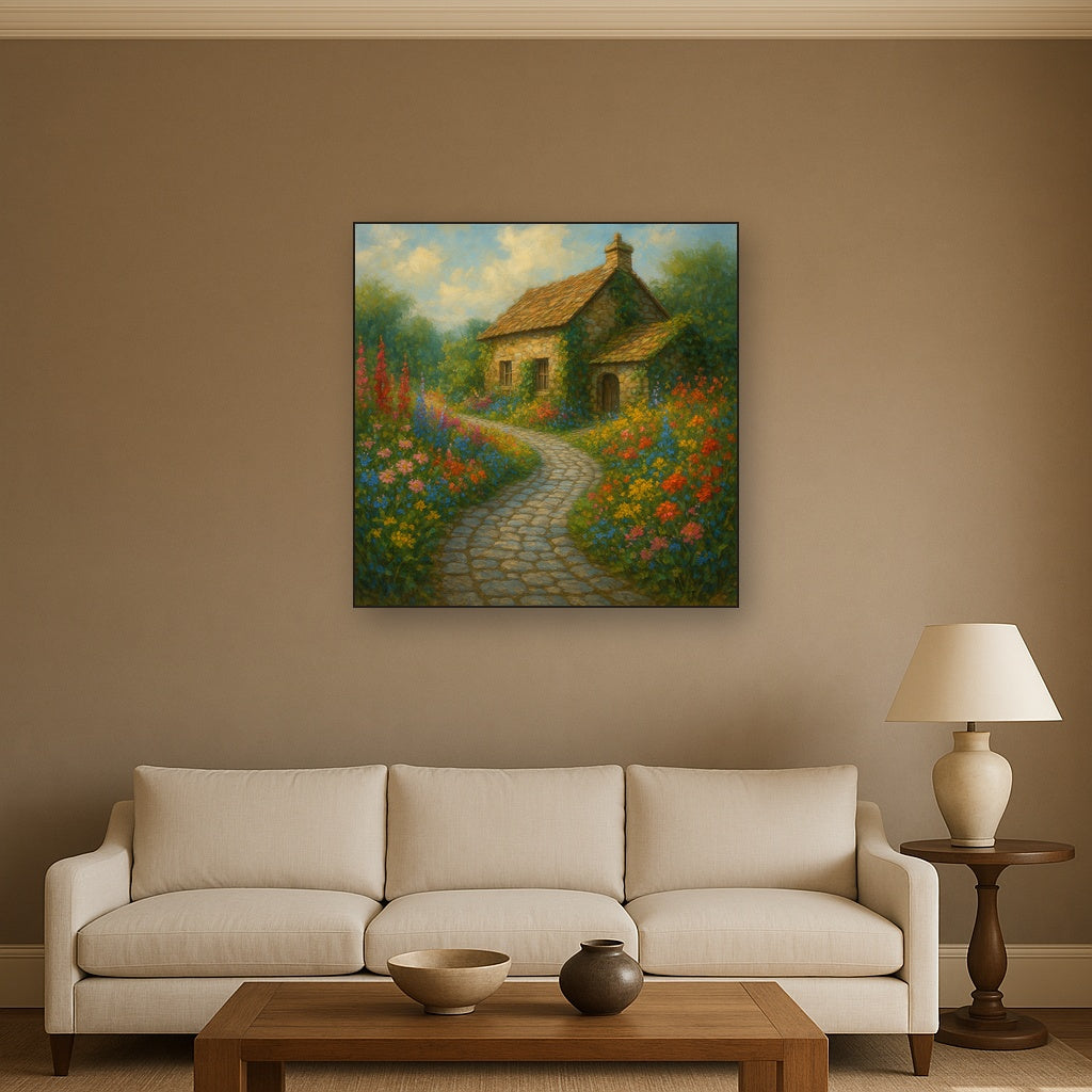 Rustic Stone Cottage Path with Wild Garden Blooms No. 8 Fine Art Oil Painting - View 2
