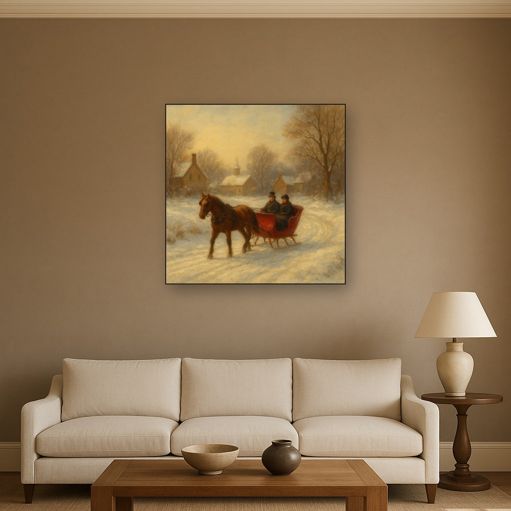Horse-Drawn Sleigh on Village Snow Road Oil Painting - View 2