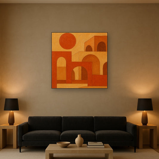 Mid-Century Terracotta Sun & Arches No. 3 Oil Painting - Styled in Modern Living Room