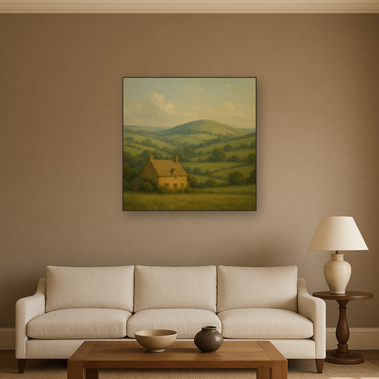 Rolling Cotswold Hills & Stone Cottage No. 4 Oil Painting Staged Above Sectional Sofa in Living Room, Hand Painted Canvas Wall Art for Home Decor