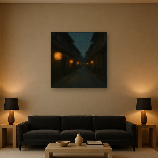 Old Kyoto Gion Alley in Soft Lantern Light No. 28 Oil Painting Staged Above Sectional Sofa in Living Room, Hand Painted Canvas Wall Art for Home Decor