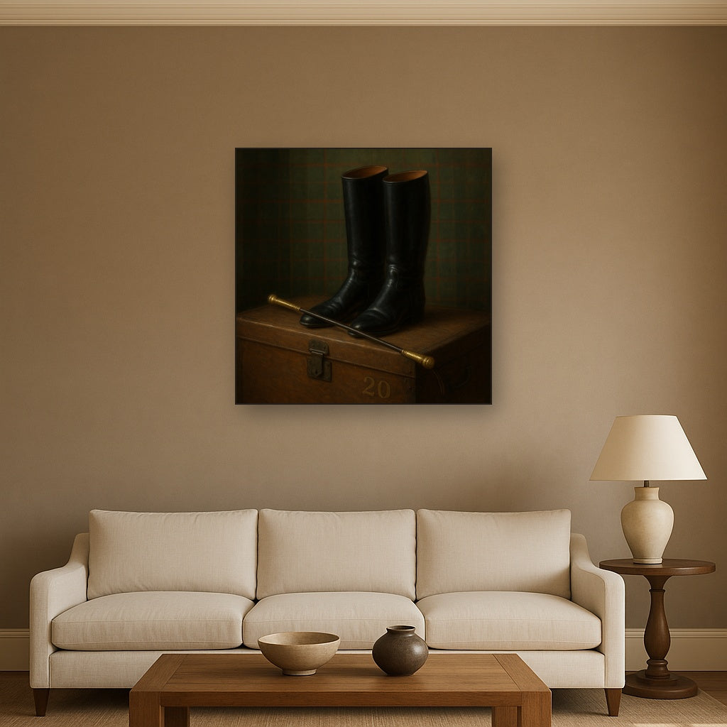 Vintage Riding Boots & Brass Crop on Trunk No. 20 Oil Painting - View 2
