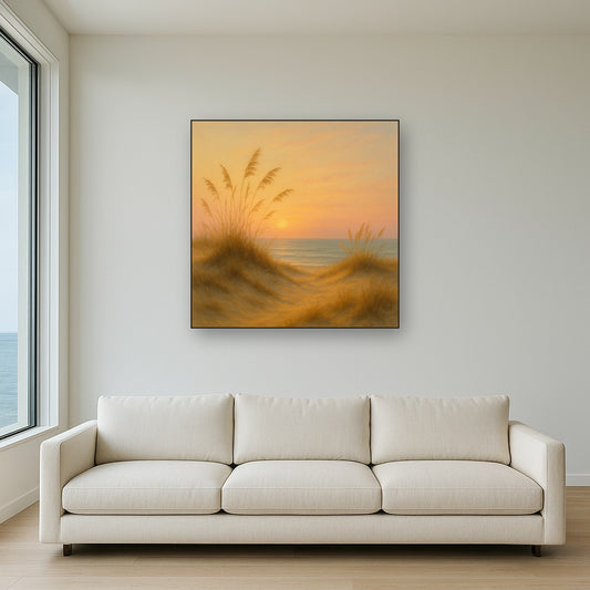 Sea Oats on Rolling Coastal Dunes at Sunset No. 5 Oil Painting Staged Above Sectional Sofa in Living Room, Hand Painted Canvas Wall Art for Home Decor