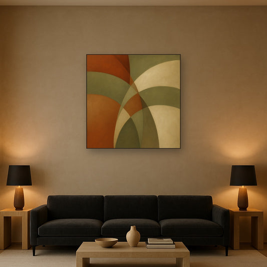 Intersecting Curved Forms in Olive & Rust No. 9 Oil Painting Staged Above Sectional Sofa in Living Room, Hand Painted Canvas Wall Art for Home Decor