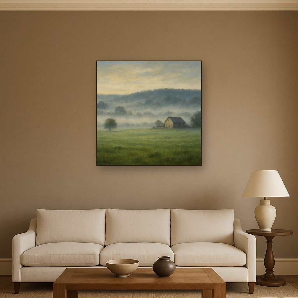Misty Morning Pasture with Distant Wooded Ridge No. 5 Fine Art Oil Painting - View 2