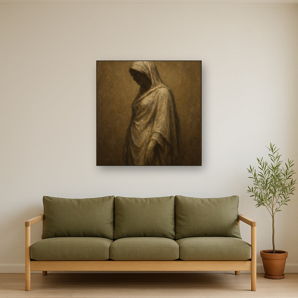 Renaissance Draped Silhouette Oil Painting Staged Above Sectional Sofa in Living Room, Hand Painted Canvas Wall Art for Home Decor