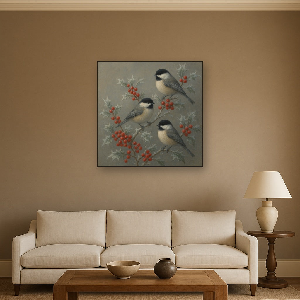 Winter Birds on Frosty Red Berry Branch No. 2 Oil Painting - View 2