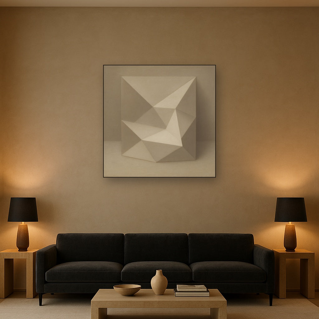 Folded Paper Geometry in Neutral Gradient Shadows No. 7 Oil Painting Staged Above Sectional Sofa in Living Room, Hand Painted Canvas Wall Art for Home Decor