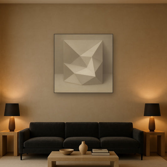 Folded Paper Geometry in Neutral Gradient Shadows No. 7 Oil Painting Staged Above Sectional Sofa in Living Room, Hand Painted Canvas Wall Art for Home Decor