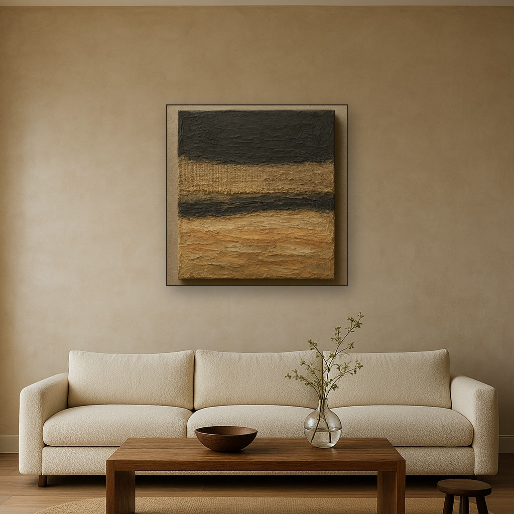 Raw Burlap and Charcoal Stratum Oil Painting - View 2