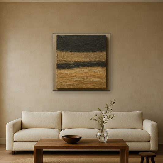 Raw Burlap and Charcoal Stratum Oil Painting - View 2