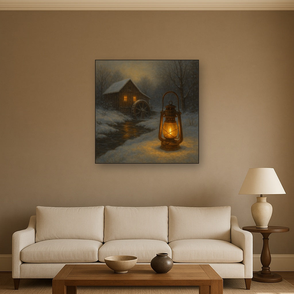 Snowy Mill Stream & Glowing Lantern Oil Painting - View 2