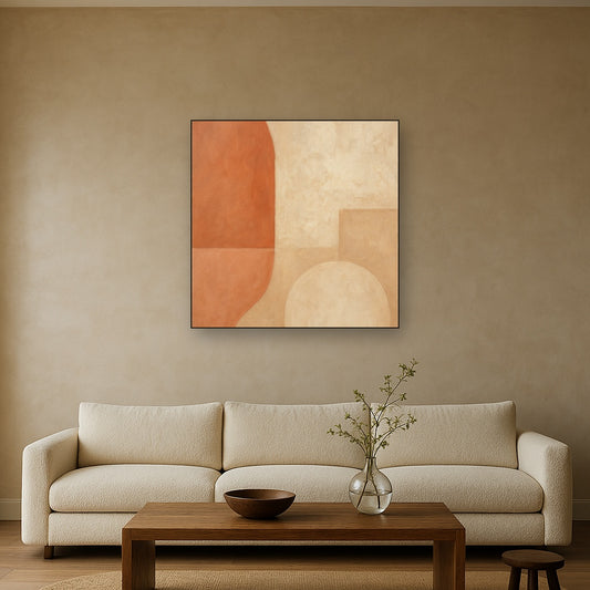 Earthy Terracotta & Weathered Plaster Wash No. 8 Oil Painting Staged Above Sectional Sofa in Living Room, Hand Painted Canvas Wall Art for Home Decor