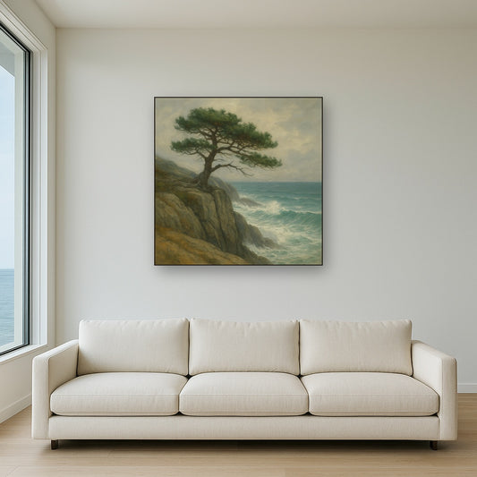 Wild Coastal Pine on Stormy Granite Cliff No. 19 Oil Painting Staged Above Sectional Sofa in Living Room, Hand Painted Canvas Wall Art for Home Decor