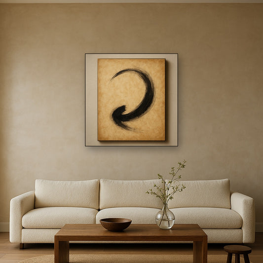 Aged Rice Paper & Charcoal Calligraphic Balance No. 7 Oil Painting Staged Above Sectional Sofa in Living Room, Hand Painted Canvas Wall Art for Home Decor