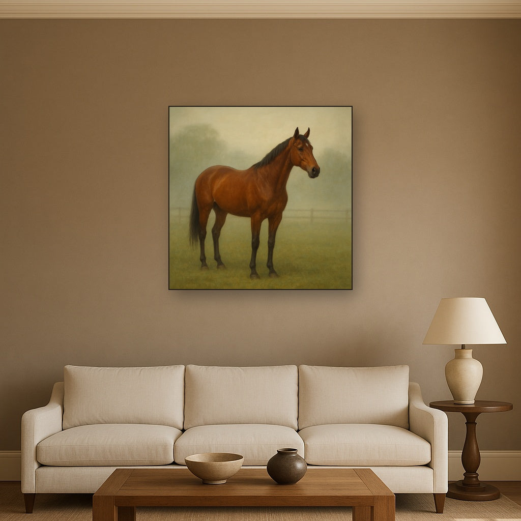 Thoroughbred in Morning Pasture Mist No. 18 Oil Painting - View 2