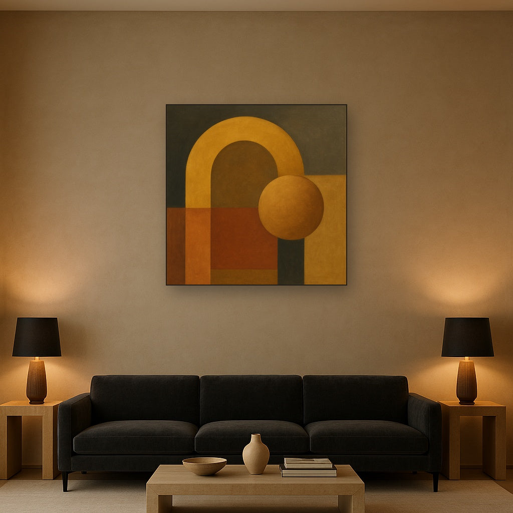 Arch & Circle Equilibrium in Warm Earth Tones No. 16 Oil Painting Staged Above Sectional Sofa in Living Room, Hand Painted Canvas Wall Art for Home Decor