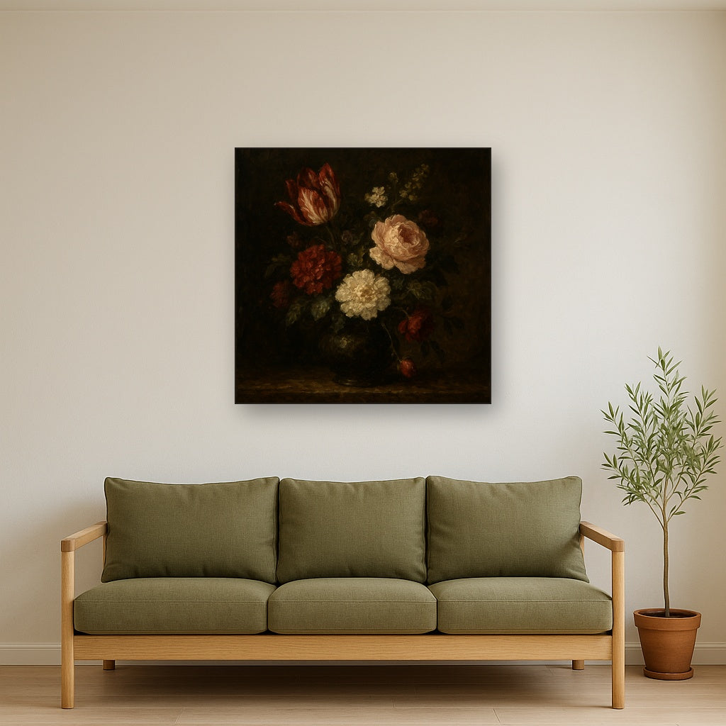 Dutch Golden Age Moody Floral Still Life Oil Painting - Styled in Modern Living Room