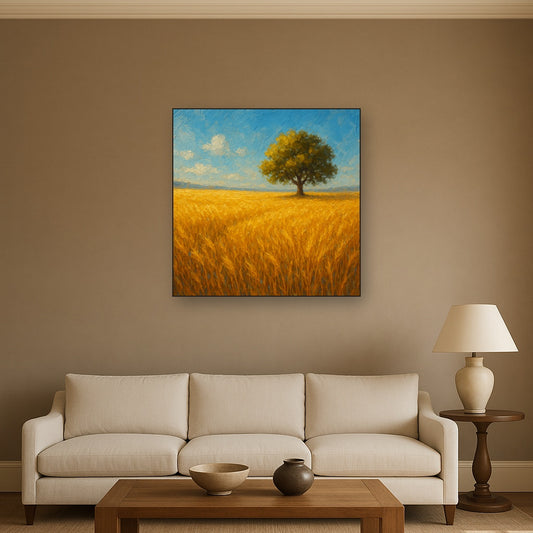 Sun-Drenched Wheat Field & Solitary Tree No. 4 Oil Painting - Styled in Modern Living Room