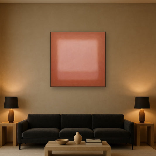 Blush Rose & Dusky Terracotta Ambient Glow No. 24 Oil Painting Staged Above Sectional Sofa in Living Room, Hand Painted Canvas Wall Art for Home Decor