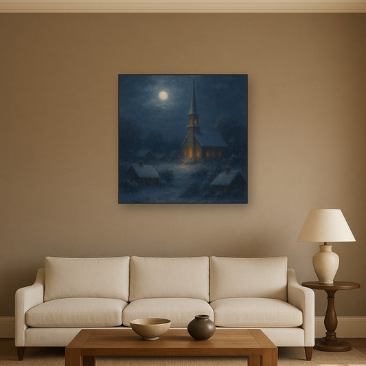 Moonlight Over Snowy Village Steeple No. 8 Oil Painting - View 2