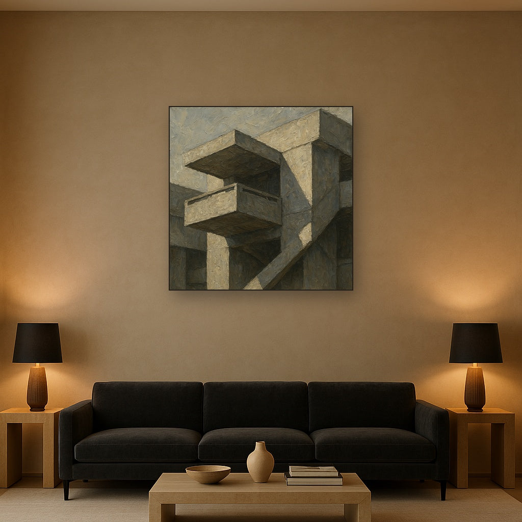 Brutalist Cantilevered Balcony Study No. 2 Oil Painting - Styled in Modern Living Room
