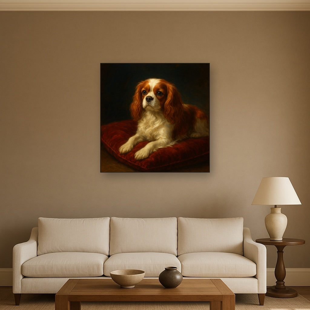 Cavalier King Charles Spaniel on Velvet Cushion No. 4 Fine Art Oil Painting - View 2