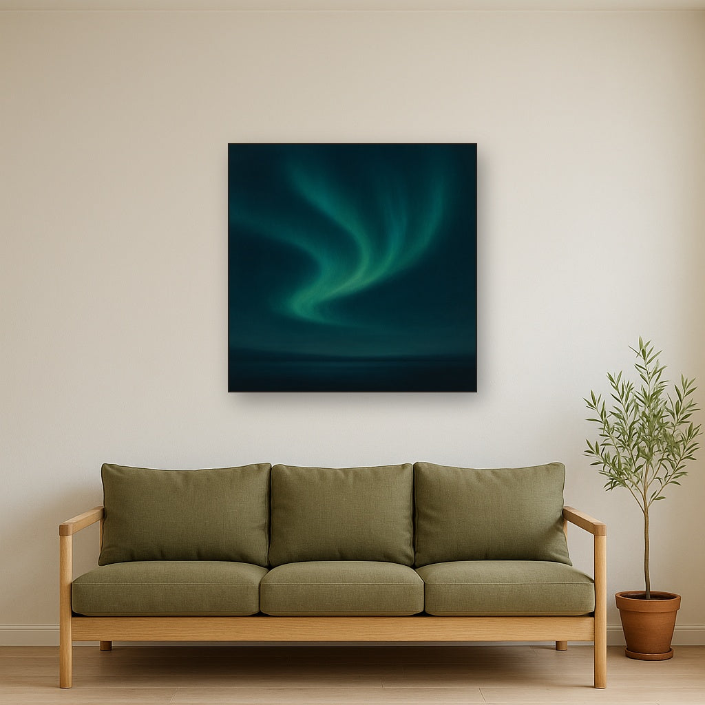 Aurora Borealis Veil in Deep Midnight Indigo No. 21 Oil Painting Staged Above Sectional Sofa in Living Room, Hand Painted Canvas Wall Art for Home Decor