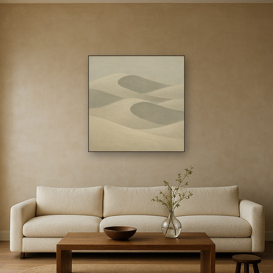 Monochrome Sand Dune Contours & Pale Slate No. 15 Oil Painting Staged Above Sectional Sofa in Living Room, Hand Painted Canvas Wall Art for Home Decor