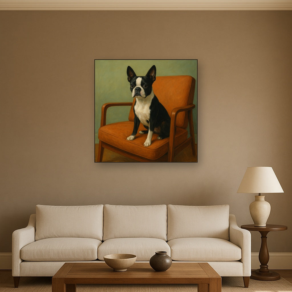 Boston Terrier in Warm Mid-Century Armchair No. 13 Fine Art Oil Painting - View 2