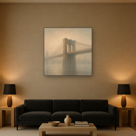 Brooklyn Bridge in Morning River Mist No. 14 Oil Painting Staged Above Sectional Sofa in Living Room, Hand Painted Canvas Wall Art for Home Decor
