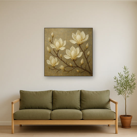 Spring Magnolia Branch Floral Oil Painting - Styled in Modern Living Room