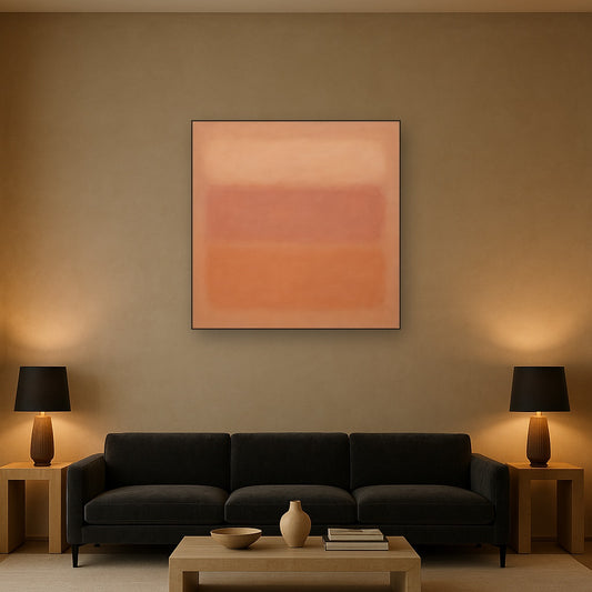 Blush Rose & Dusky Terracotta Ambient Glow No. 16 Oil Painting Staged Above Sectional Sofa in Living Room, Hand Painted Canvas Wall Art for Home Decor